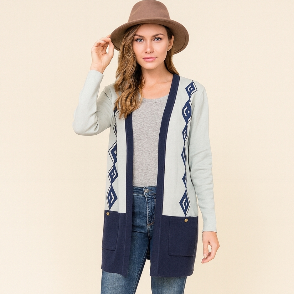 NWT! Arthur Kohler Vintage Embroidered Geometric Diamond Open Front Cardigan 18